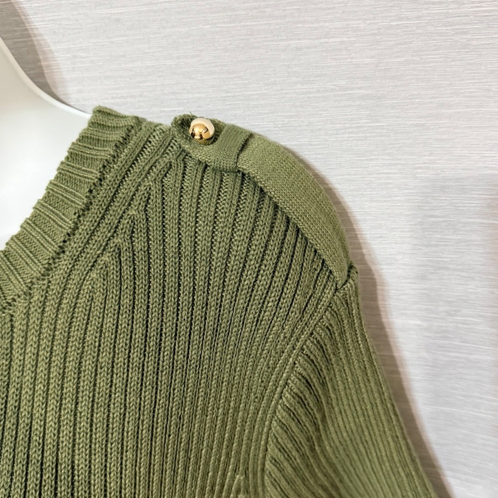 French Connection Olive Green Ribbed Military Sweater Dress Gold Button Mini L - Picture 4 of 8